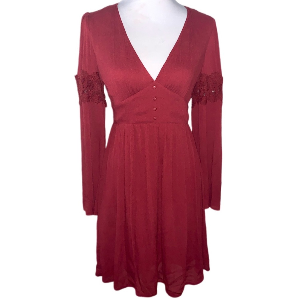 Red PROMESA long bell sleeve v neck dress